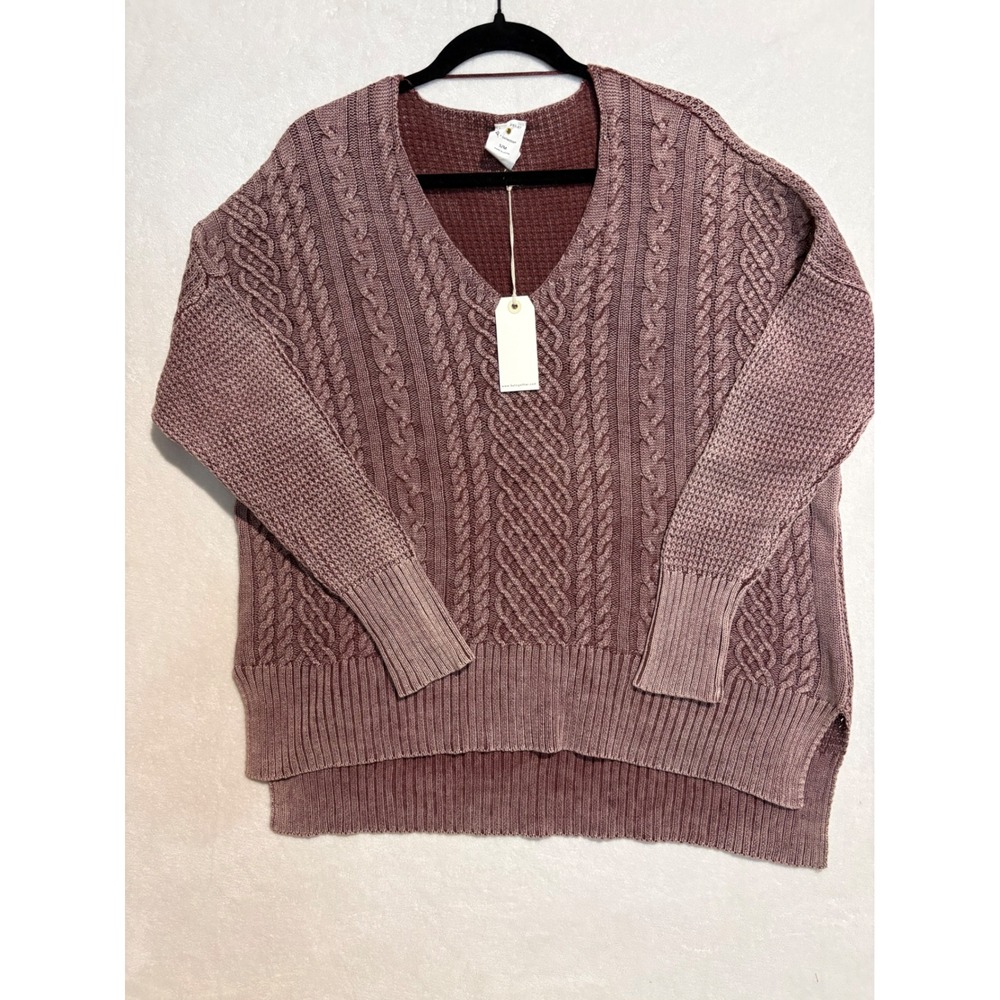 By Together Mauve Purple Cotton Cable‎ Knit V-Neck Oversized Sweater S/M NEW